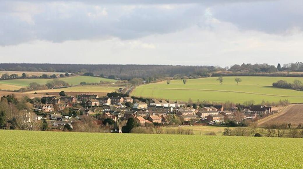 View of King's Somborne from Yew Hill. Looking SE from footpath atop Yew Hill. This is only part of King's Somborne, since the A3057 and adjacent properties are screened by hill in foreground.