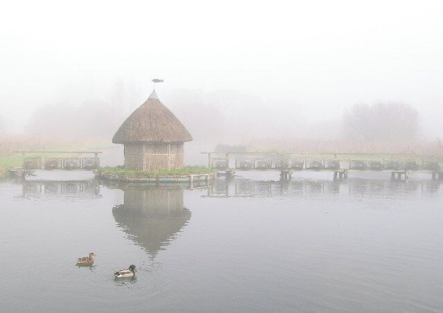 Fishing Hut on the RiverTest, Longstock, near Andover. Cold and foggy December morning.