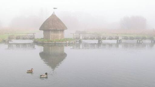 Fishing Hut on the RiverTest, Longstock, near Andover. Cold and foggy December morning.