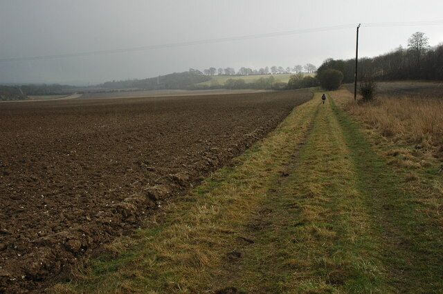 A rural landscape with a plowed field and a grassy path.
