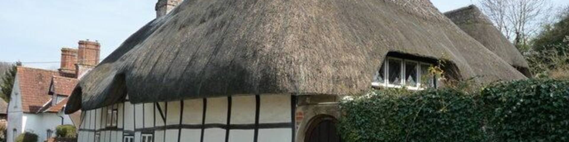 Nether Wallop. One of the many thatched cottages in the village. This one is on Five Bells Lane.