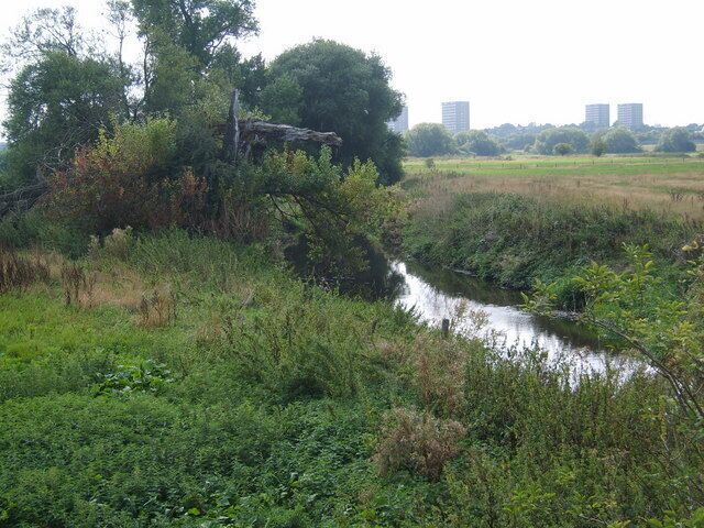 River scene. Photograph taken off Coleshill Hall Bridge, the tower blocks in the distance are on Chelmsley Wood.