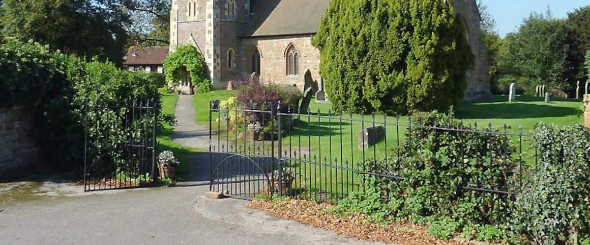 A church with a tall tower and a large tree in front.