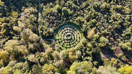 Aerial view of the Touchstone Maze stone circle in Strathpeffer, Scottish Highlands