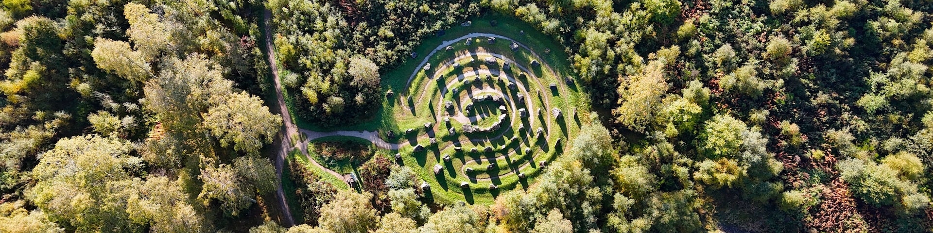 Aerial view of the Touchstone Maze stone circle in Strathpeffer, Scottish Highlands
