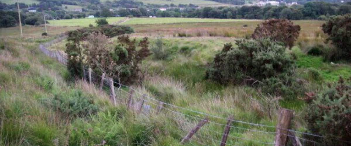 A rural landscape with rolling hills, a fence, and scattered trees.