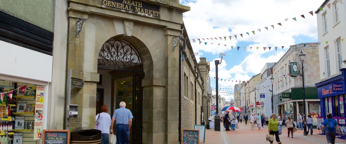 The entrance to Neath General Market with a sign above the door.