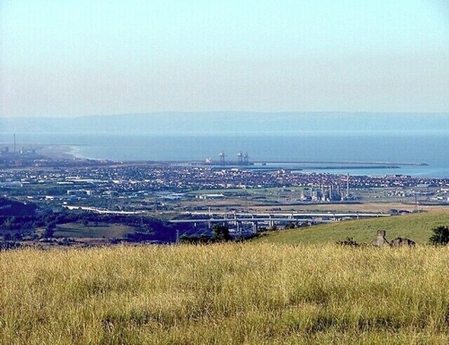 A coastal cityscape with a distant view of the ocean, a bridge, and a grassy hill in the foreground.