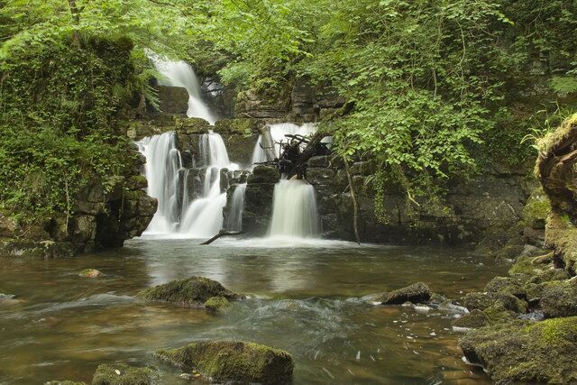 A waterfall in a forested area with moss-covered rocks and a flowing stream.