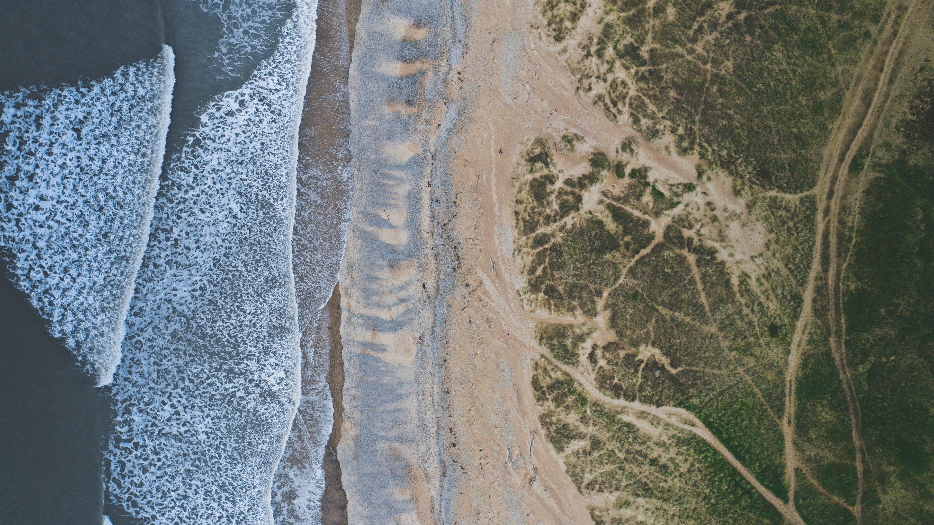 A beach with waves, a sandy shore, and a green landscape with paths.
