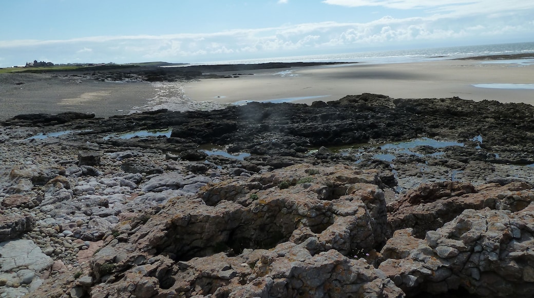 A rocky shoreline with a sandy beach and calm sea.