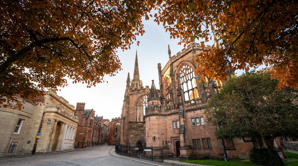 A historic building with Gothic architecture, a cobblestone street, and autumn foliage.
