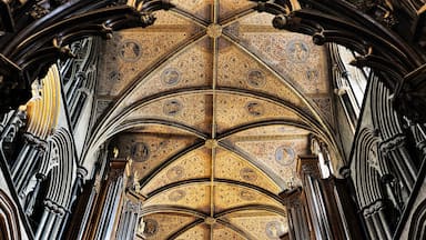 Worcester Cathedral, England. Looking east along the decorated ceiling of the Choir