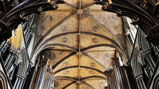 Worcester Cathedral, England. Looking east along the decorated ceiling of the Choir