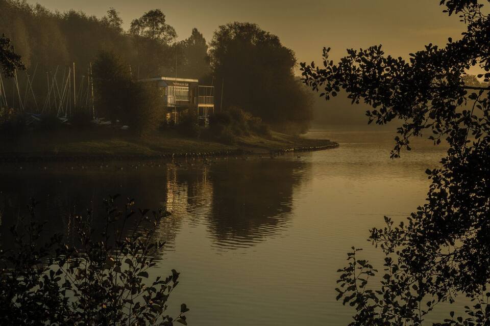 Un lago brumoso con una casa y árboles al fondo.