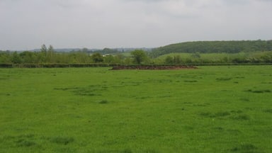Um campo verde com um muro de pedra e uma colina ao fundo.