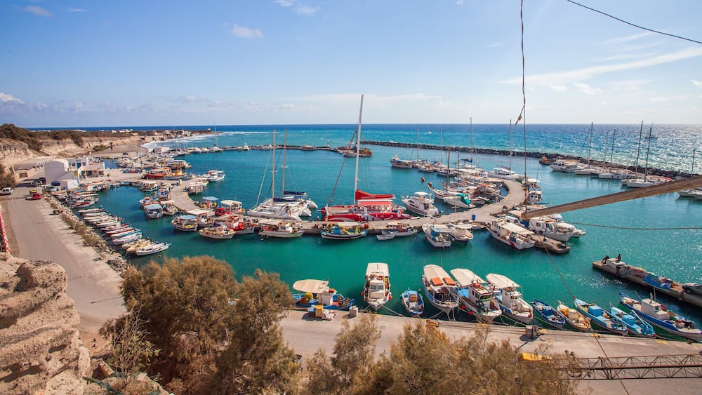 Santorini showing general coastal views and a bay or harbor
