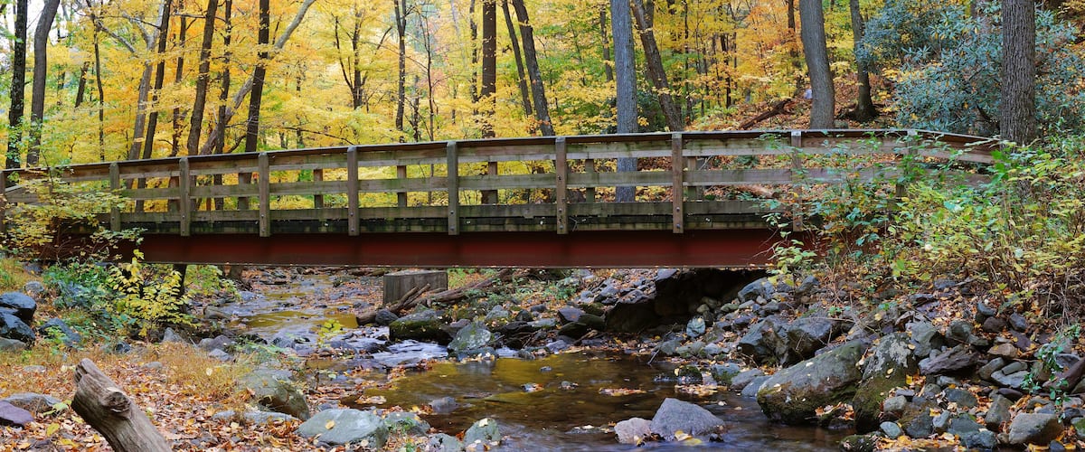 A wooden bridge over a rocky stream in a forest with autumn foliage.