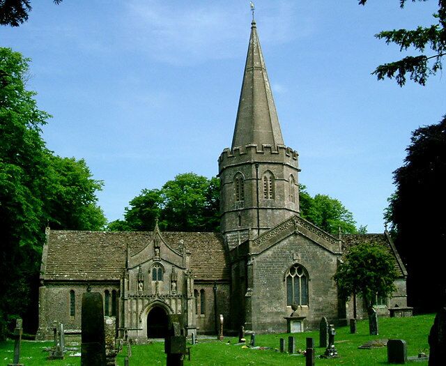 St Aldhelm’s parish church, Doulting, Somerset, seen from the south, showing the Gothic revival south porch added in 1869 by George Gilbert Scott
