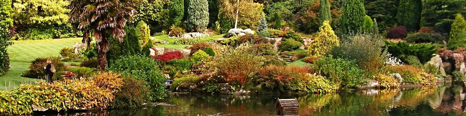 Un jardín tranquilo con un estanque, abundante vegetación y un puente al fondo.