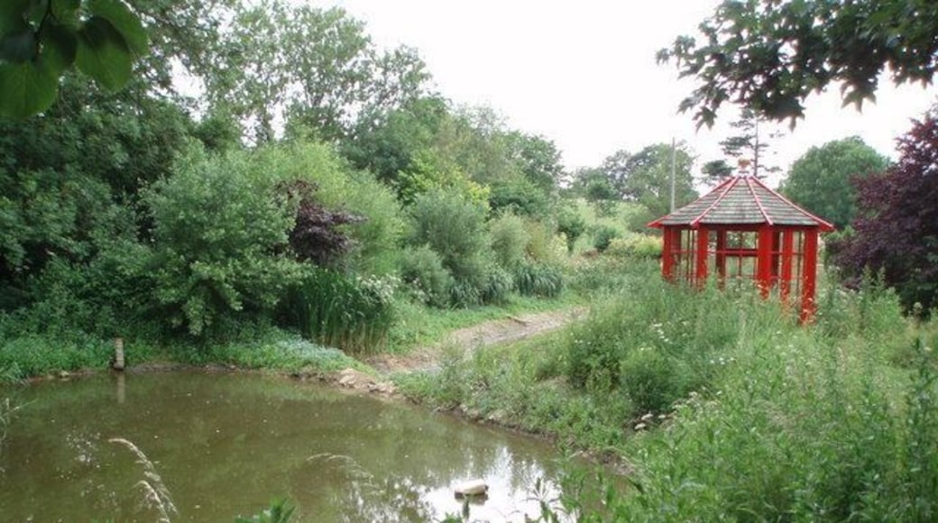 Lake and pagoda in Burford gardens. A man made lake filled from the nearby stream and a rather garish looking pagoda structure.