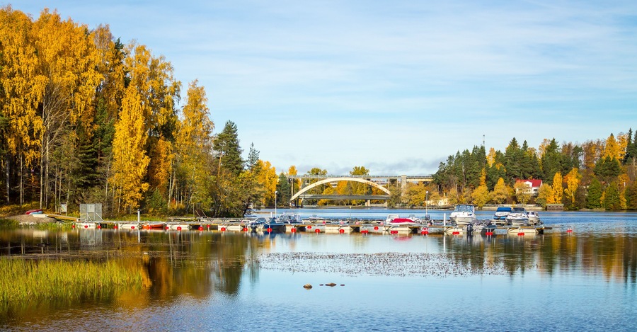 Boats docked in a beautiful lake view