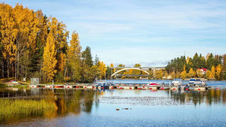Boats docked in a beautiful lake view