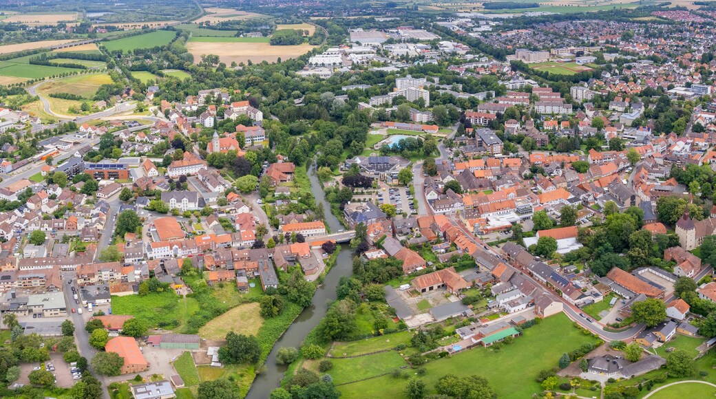 Aerial view around the old town in the city Sarstedt, on an sunny spring afternoon