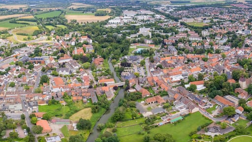 Aerial view around the old town in the city Sarstedt, on an sunny spring afternoon
