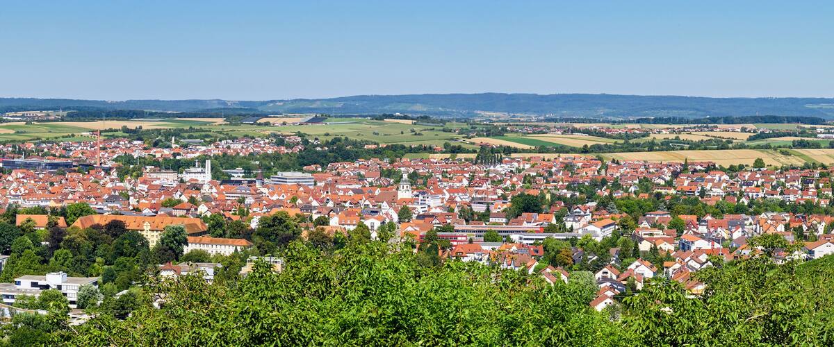 A town with red-roofed houses, green fields, and distant hills.