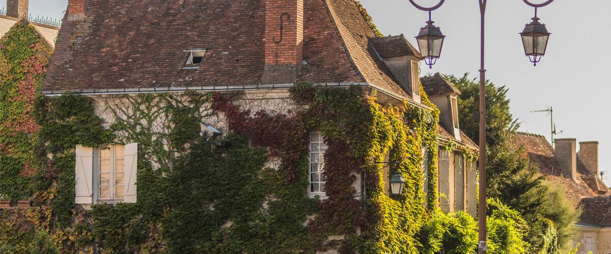 A historic building with ivy-covered walls, a tiled roof, and two ornate street lamps.
