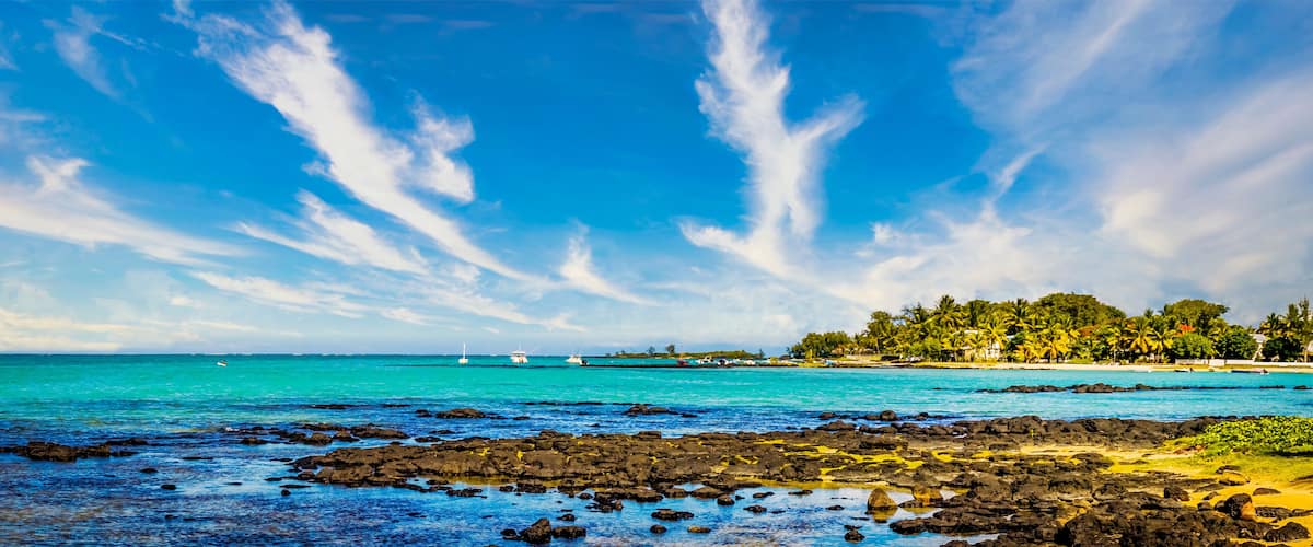 A tropical beach with clear turquoise waters, rocky shoreline, and palm trees.