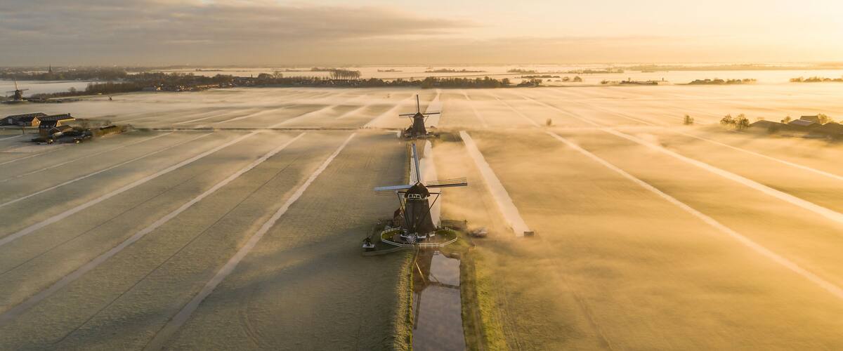 Aerial view of windmills in morning fog during sunrise in Aarlanderveen, Alphen aan den Rijn, Netherlands.