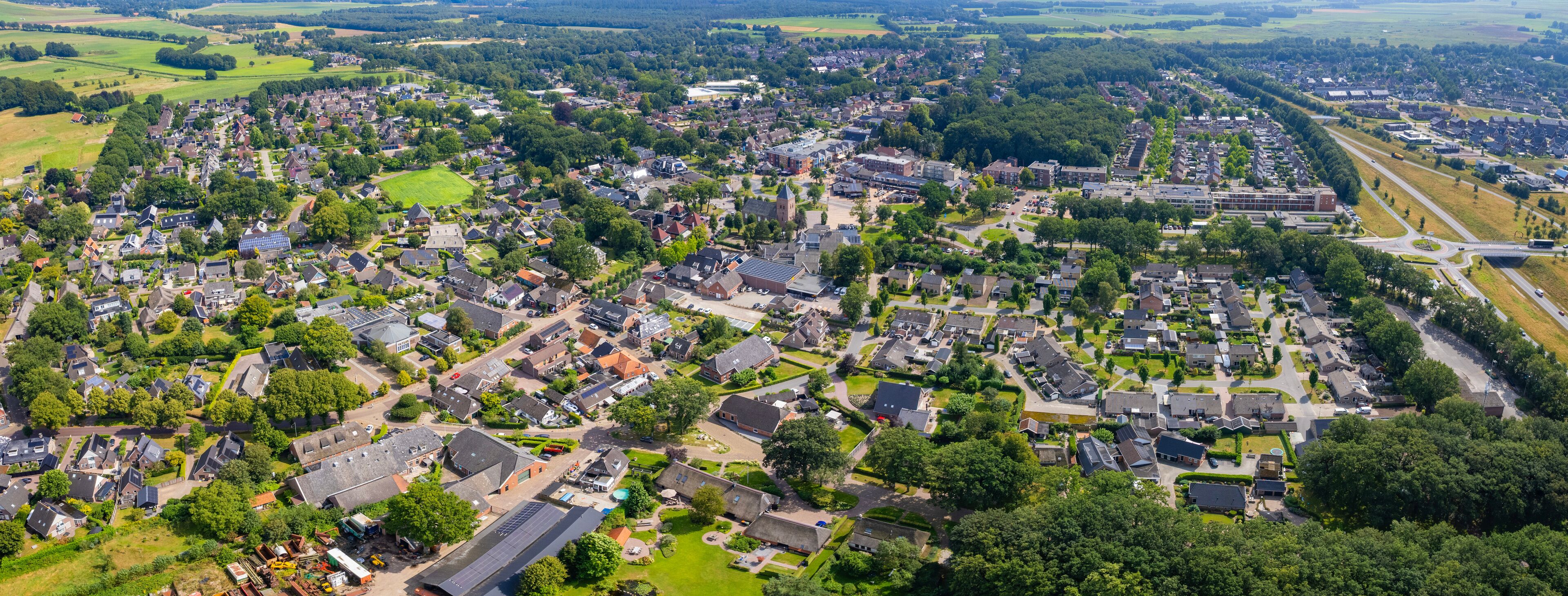An panorama Aerial view of the old town of the  city Borger in the Netherlands on a sunny day in summer.	