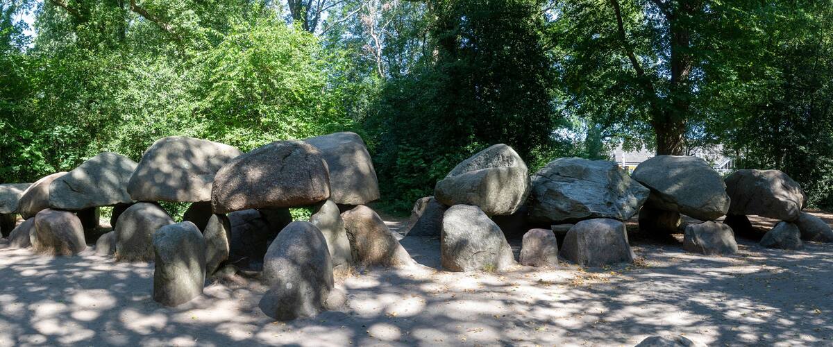 A collection of large rocks arranged in a naturalistic setting, surrounded by dense green trees.