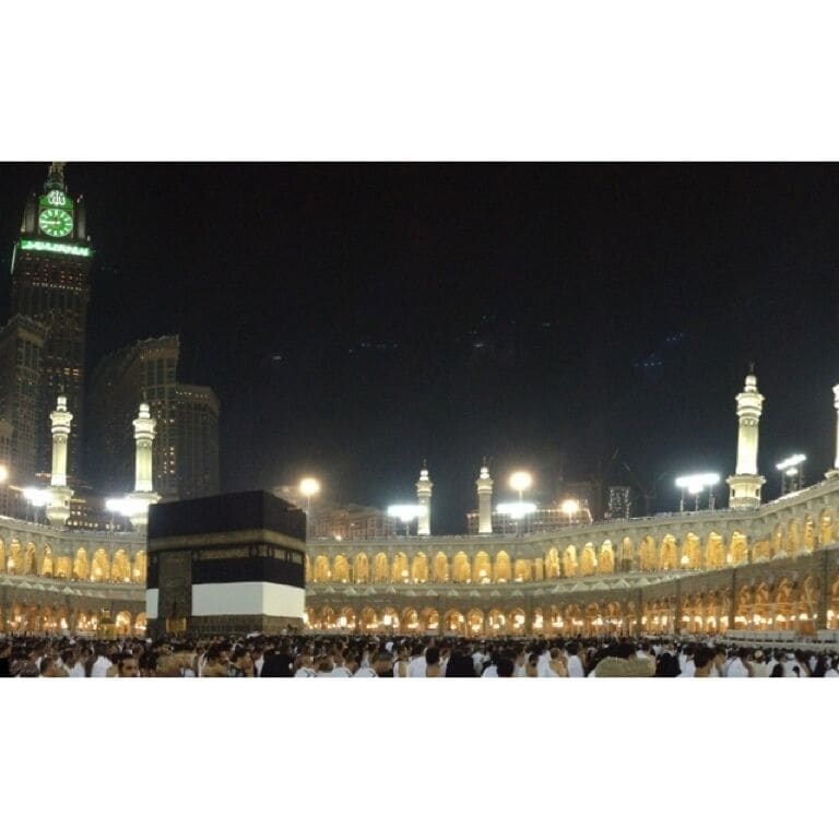 A panoramic view of the Kaaba and the tower.