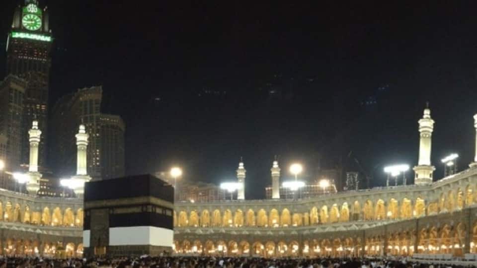A panoramic view of the Kaaba and the tower.