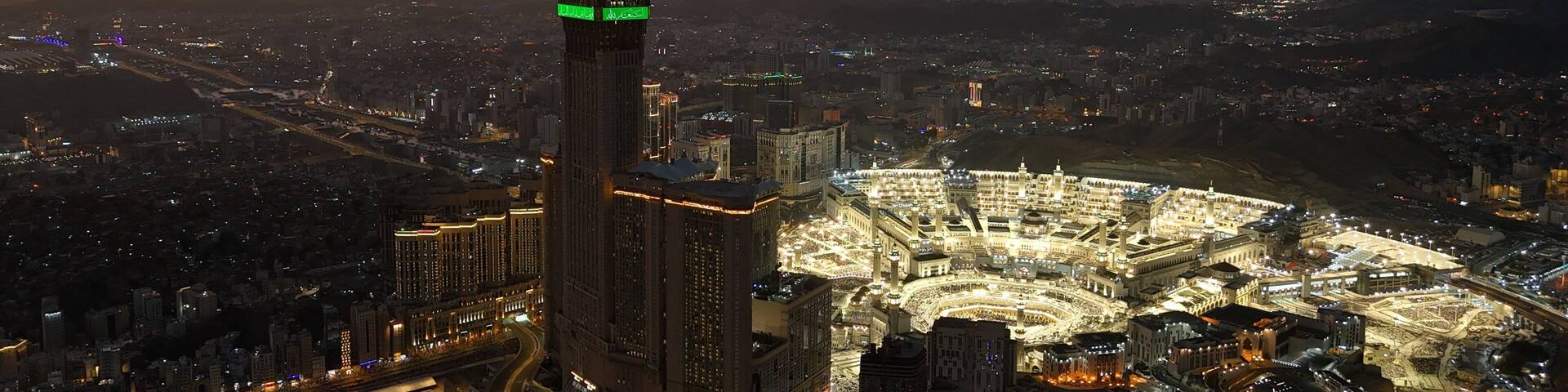 Aerial view Mecca skyline , Makkah city Saudi Arabia - Makkah Clock Tower and hotels - Masjid Al Haram drone photo