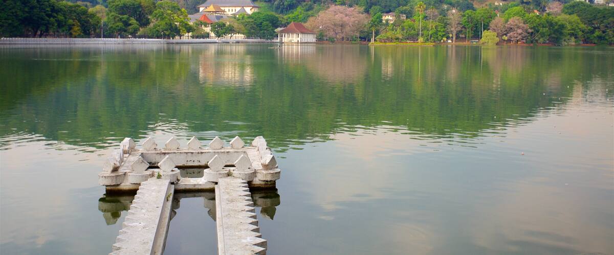 A calm lake with a dock in the foreground and a forested hill in the background.