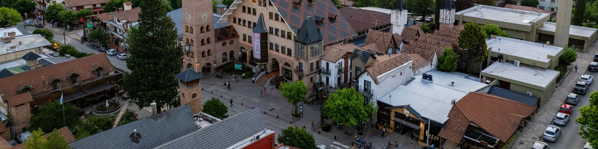 Clock tower. City of Villa General Belgrano, Córdoba, Argentina. Tourist city in the mountains of Cordoba. Oktoberfest venue. National beer festival. Central European architecture.