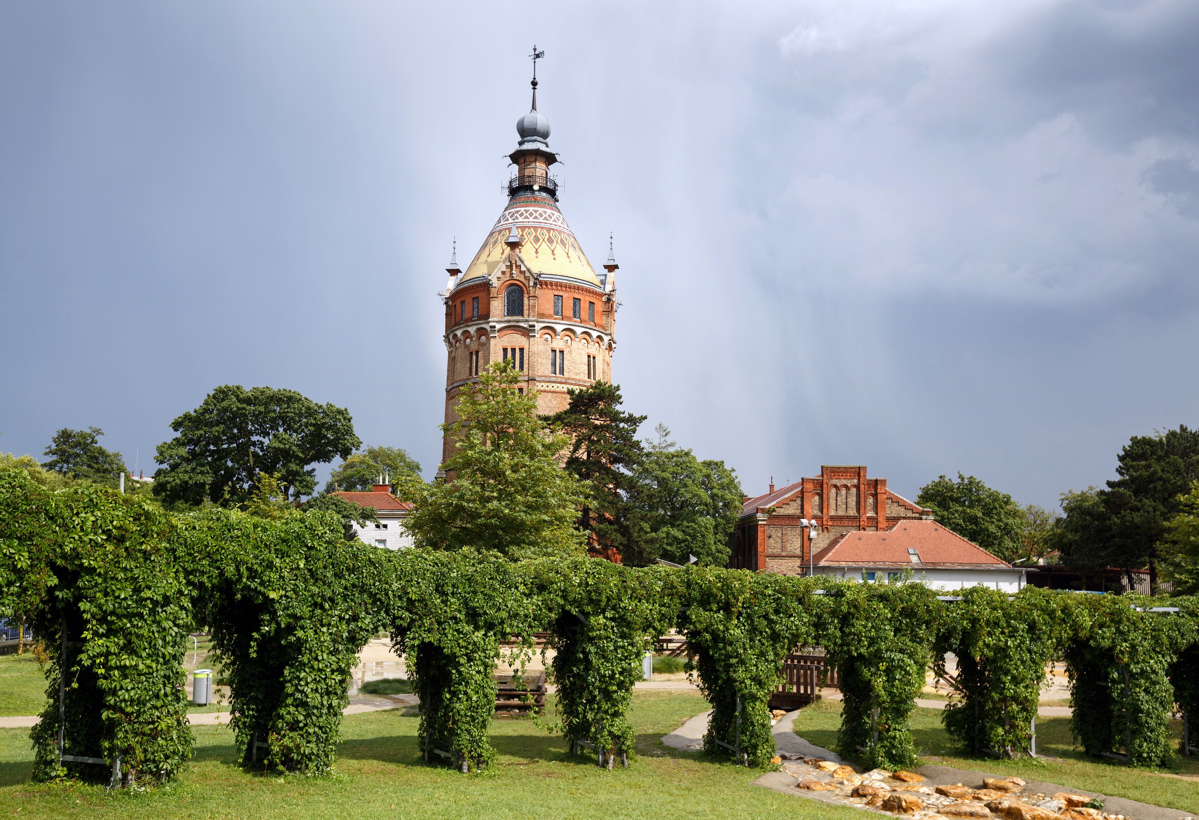 Water tower Wasserturm, erected between 1898 and 1899, after heavy thunderstorm. 10th district Favoriten, Vienna, Austria