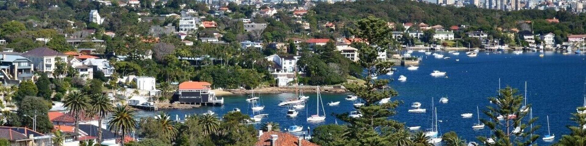 A coastal cityscape with a marina filled with boats, surrounded by residential buildings and greenery.