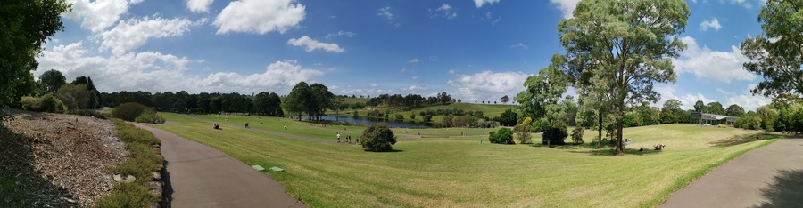 A park with a lake, walking paths, and grassy areas.