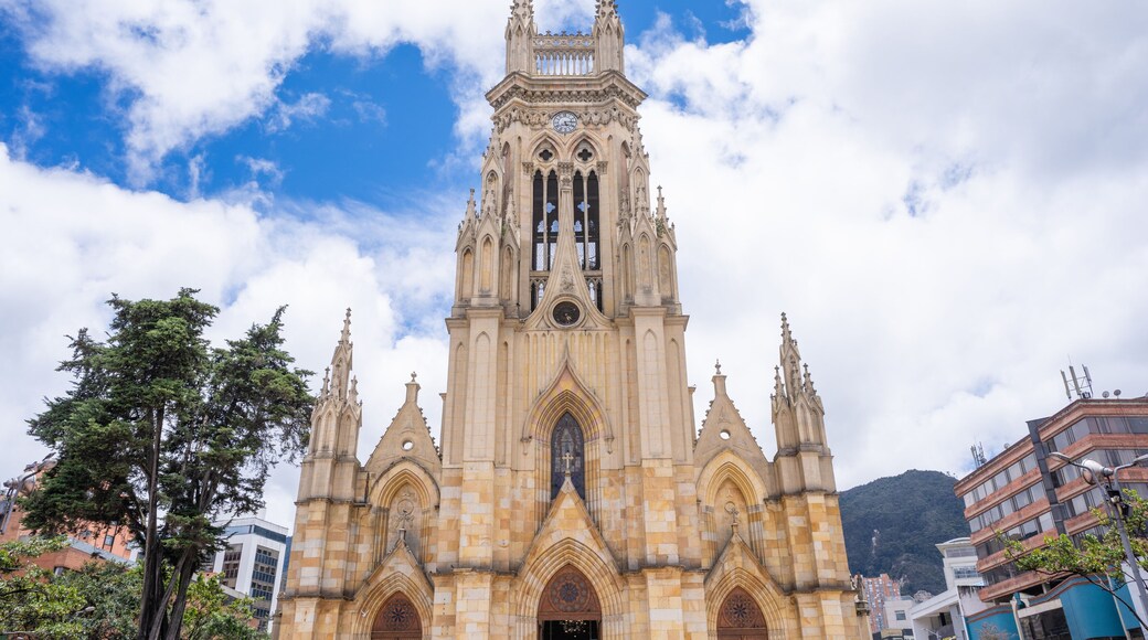 The Santa Barbara Church on the central square at Usaquén district, Bogota, Colombia.