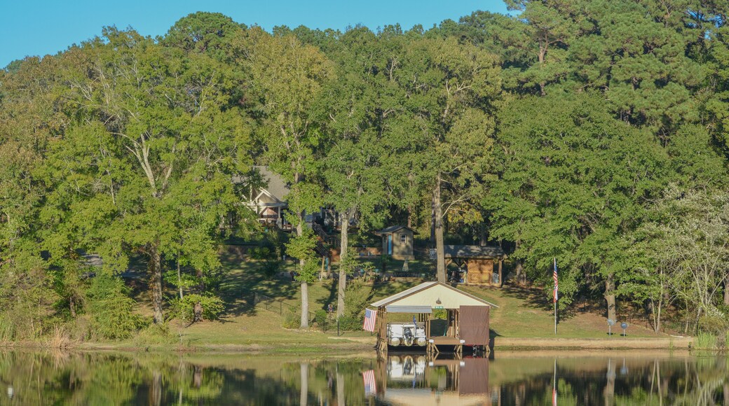 Mirror Image on Lake Cherokee of boat houses and trees. In East Henderson, Rusk County, Texas