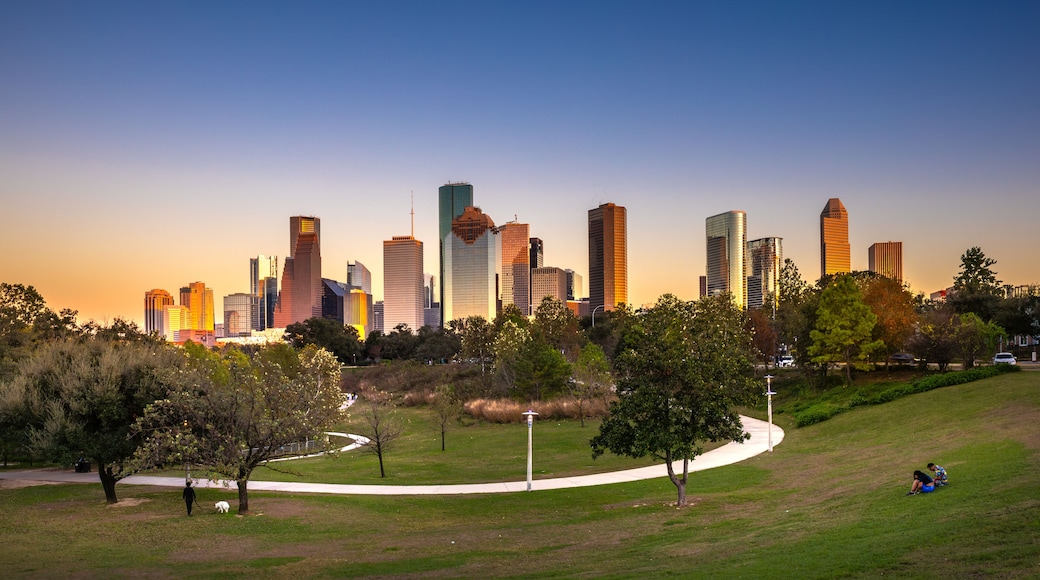 Houston Downtown modern business city with skyscraper city scape with park view from Buffalo Bayou center of Houston city, Texas, United States of America, US at sunset time