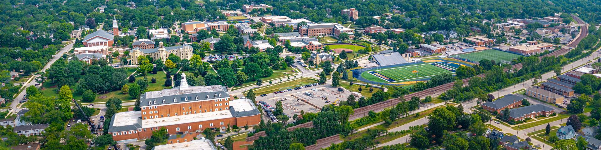 Aerial wide panoramic view of Wheaton, Illinois, USA