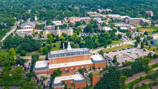 Aerial wide panoramic view of Wheaton, Illinois, USA