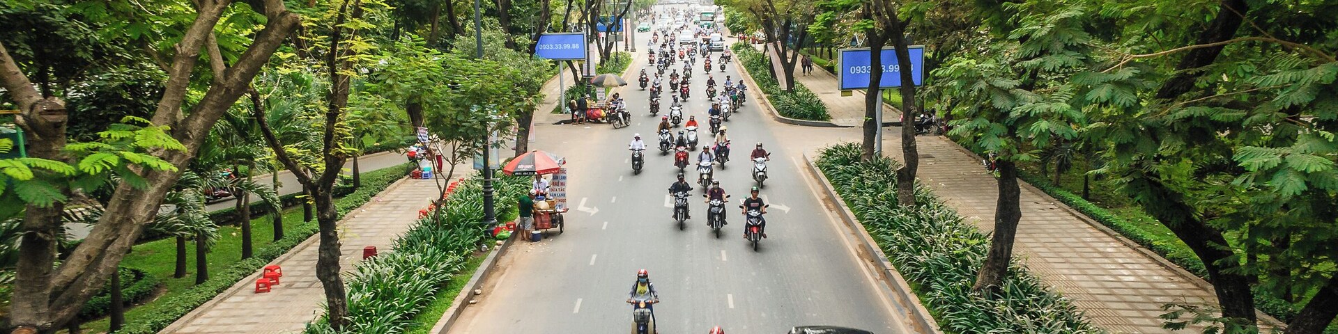 A busy urban road lined with trees and greenery, with multiple motorbikes and a few cars.