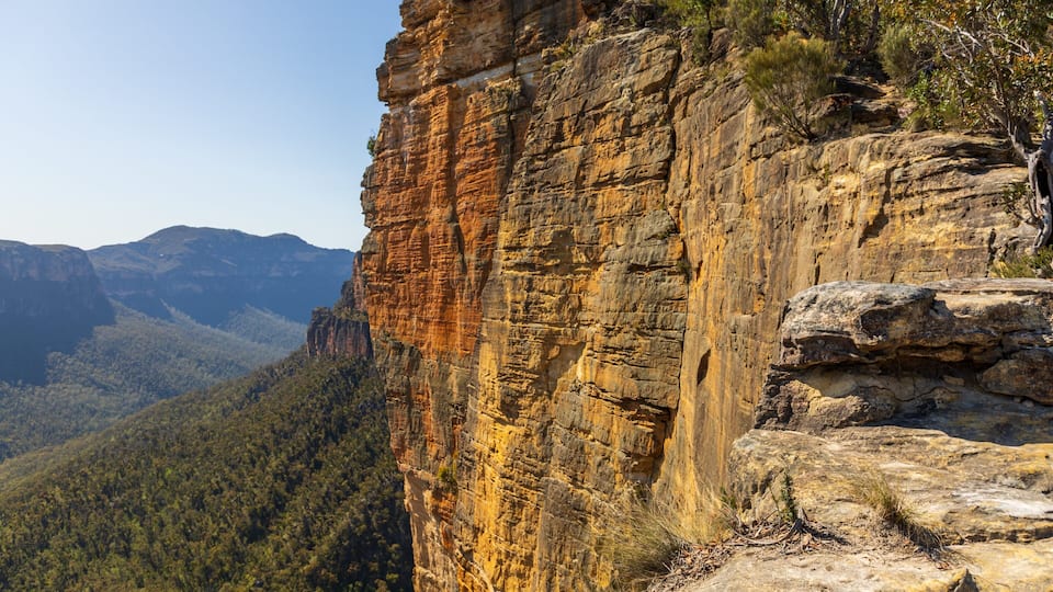A rugged cliff with layered rock formations and a forested valley below.